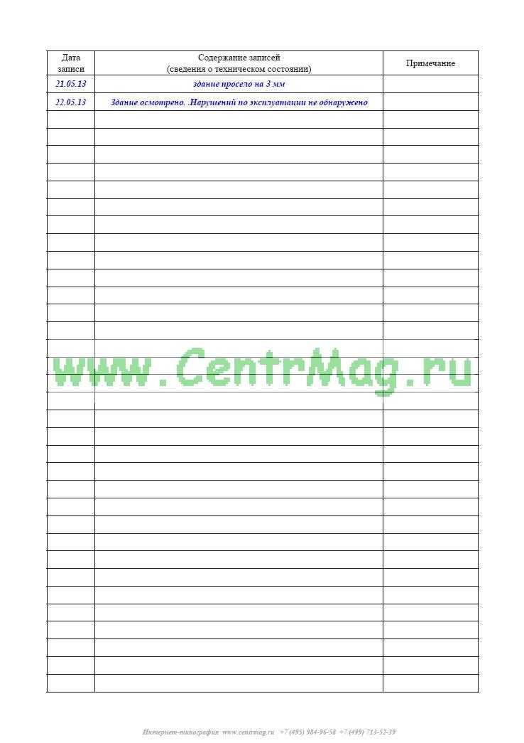 Журнал осмотра зданий и сооружений образец заполнения для школы