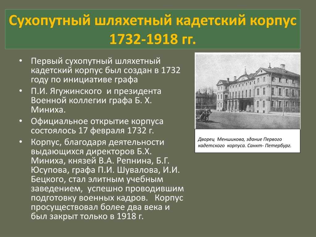 Особенности обучения и службы в шляхетском корпусе кратко