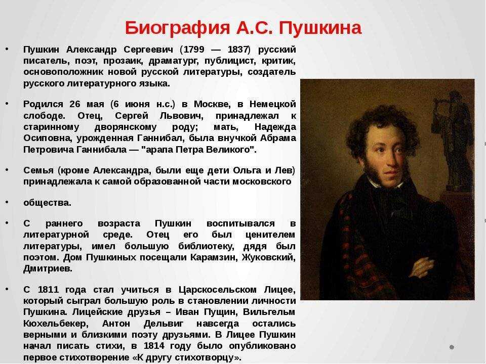 Конспект по биографии пушкина 9 класс литература коровина